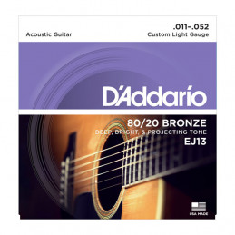 D'ADDARIO EJ13 80-20 BRONZE ACOUSTIC GUITAR STRINGS CUSTOM LIGHT 11-52