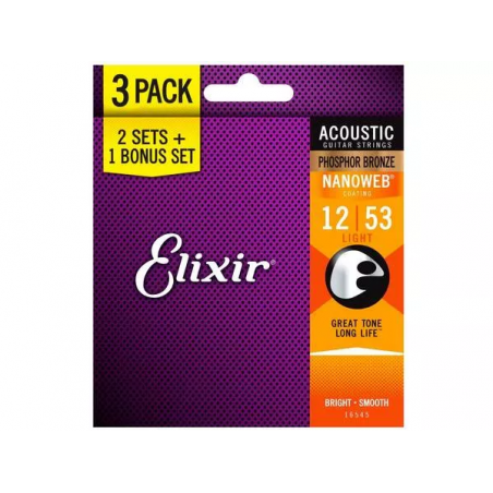ELIXIR  NANOWEB 16545 PACK 3 MUTE 16052 ACOUSTIC PHOSPHOR BRONZE 12/53 LIGHT